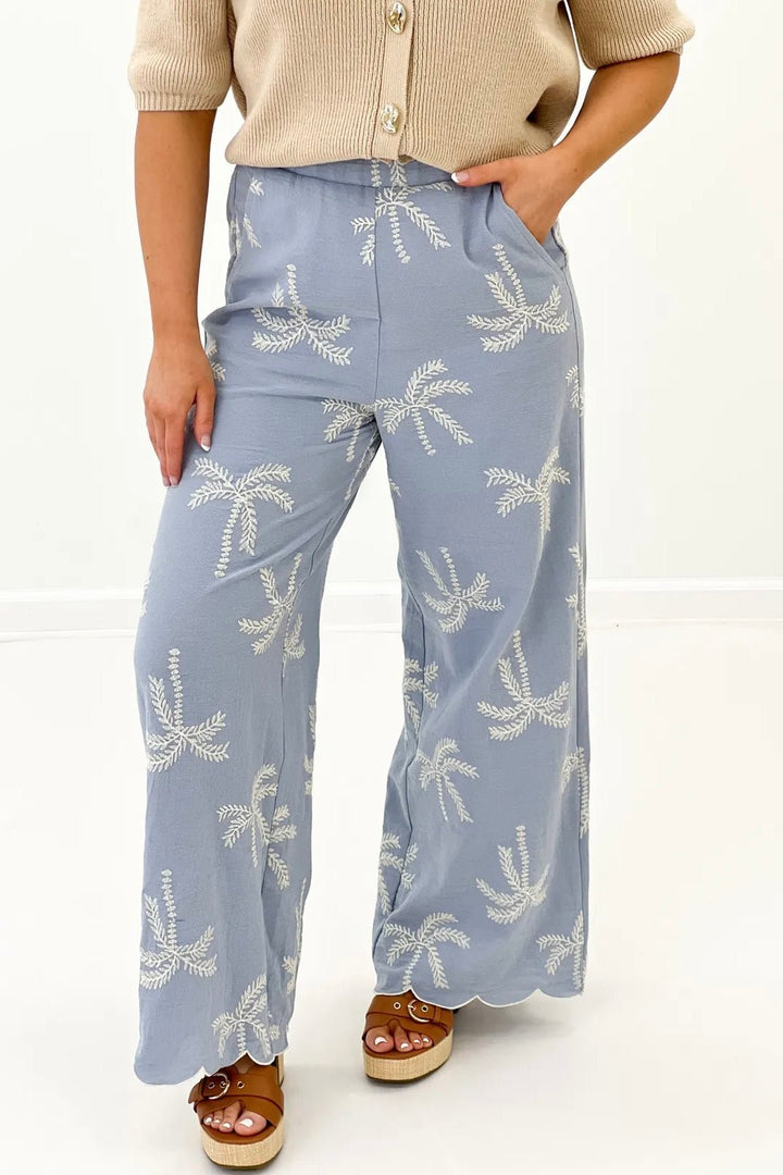 Sky Blue Palm Tree Detail Pant - Lavish Boutique Bottoms