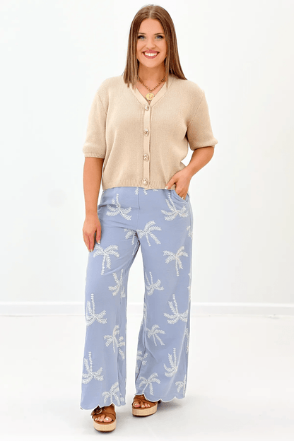 Sky Blue Palm Tree Detail Pant - Lavish Boutique Bottoms