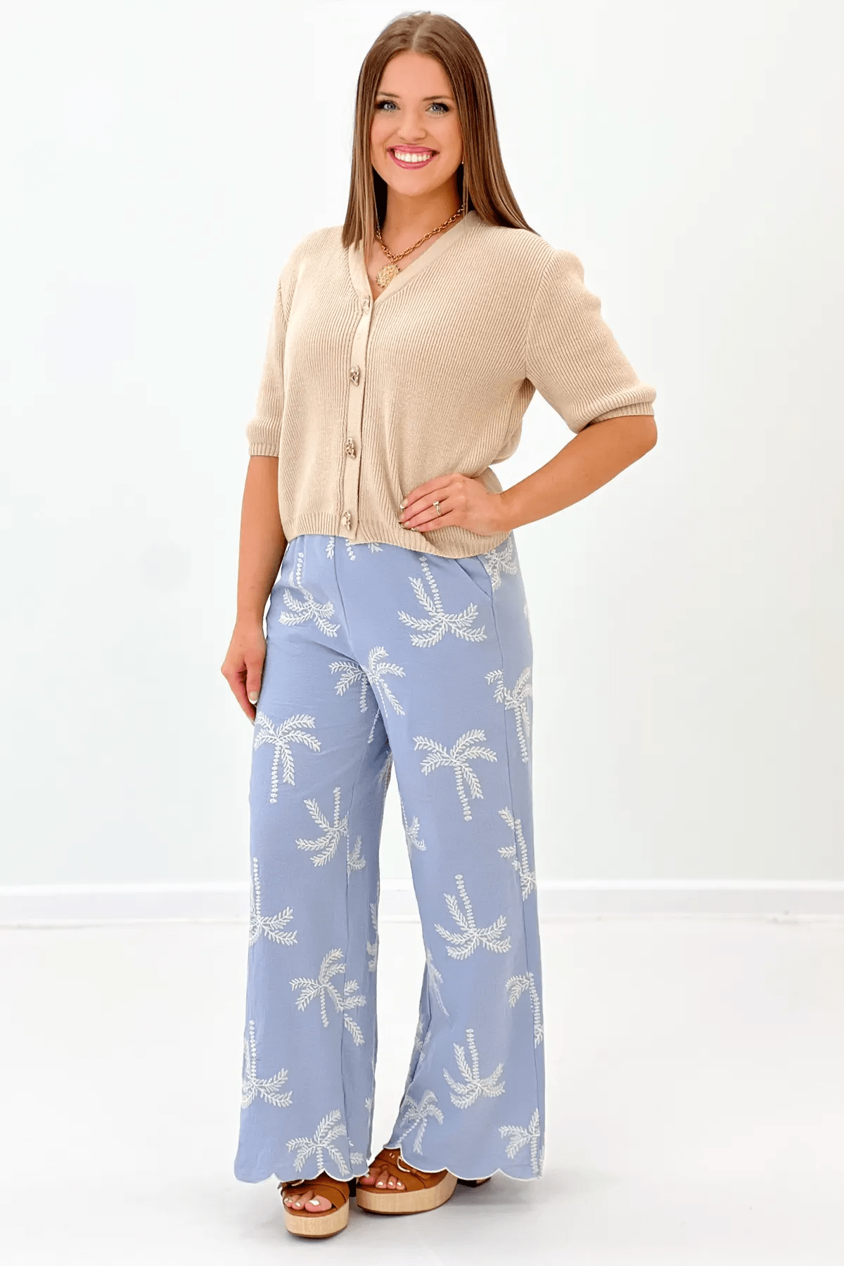 Sky Blue Palm Tree Detail Pant - Lavish Boutique Bottoms