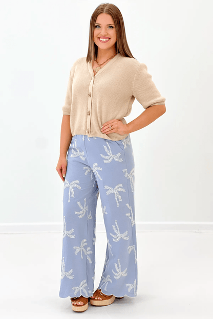 Sky Blue Palm Tree Detail Pant - Lavish Boutique Bottoms