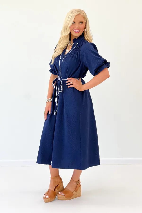 Smocked Ruffled V-Neck Dress - Lavish BoutiqueDresses