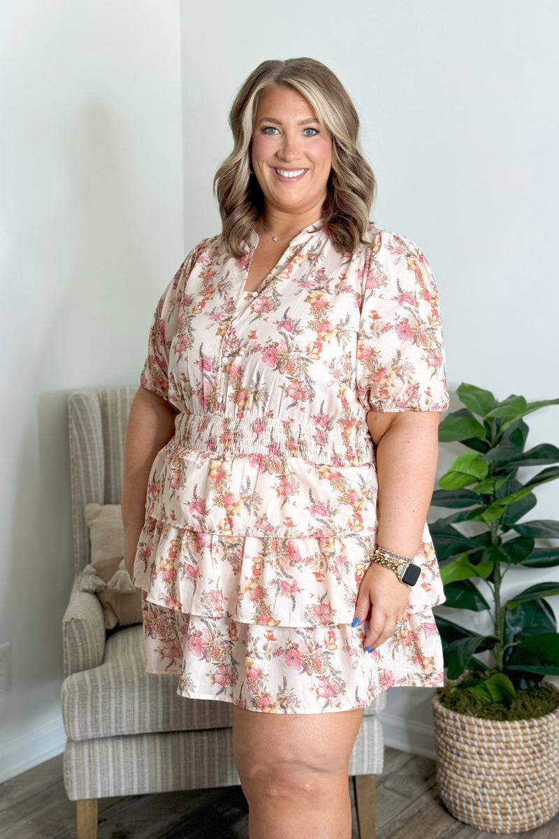 Light Peach Floral Print Tiered Mini Dress