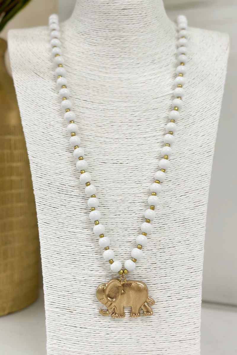 Long Wood Necklace with Elephant Pendant