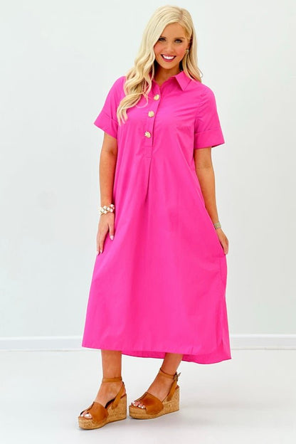 Collared short sleeve dress falling to midi length