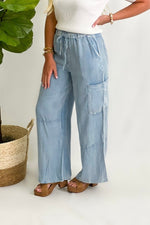 Light Denim Chambray Elastic Cargo Pants