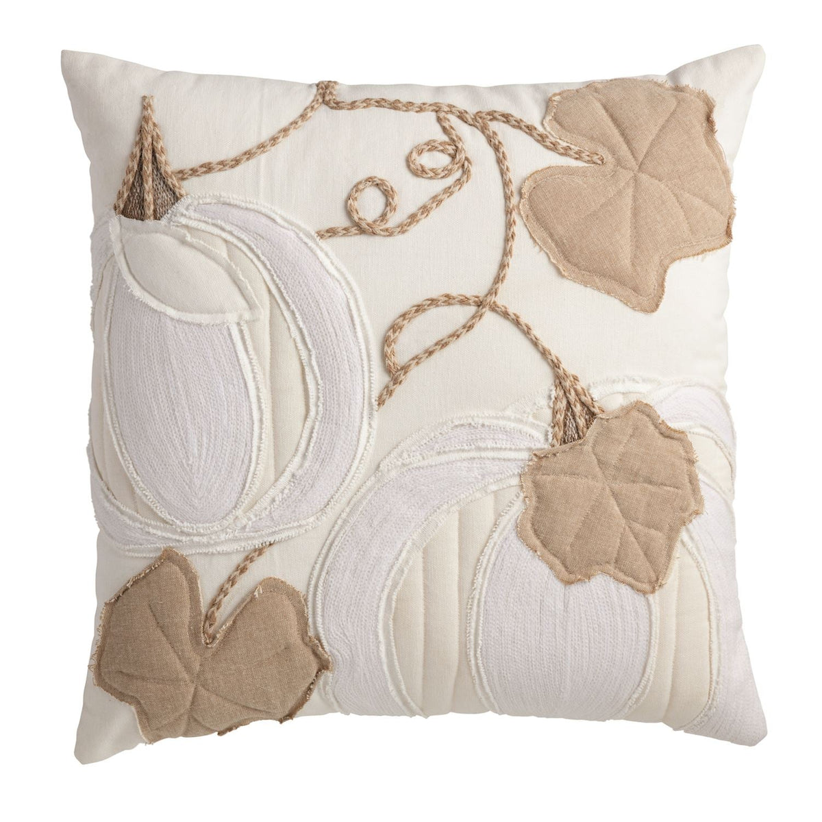 Cream and tan square pillow with an appliqued pumpkin