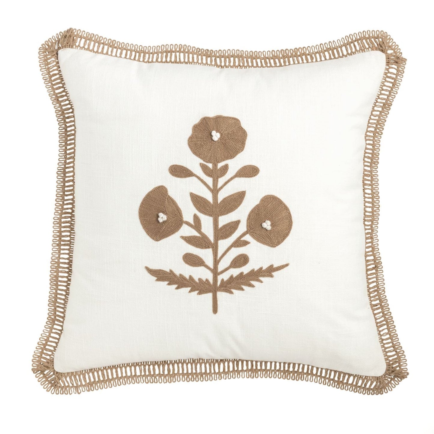 Cream square pillow with embroidered florals and ribbon trim