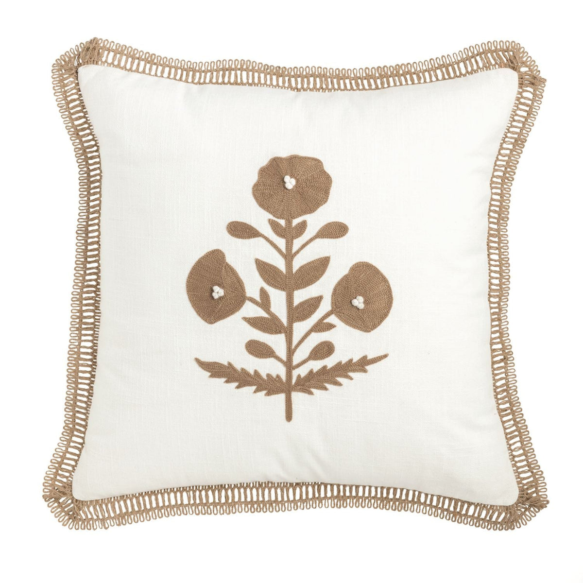 Cream square pillow with embroidered florals and ribbon trim