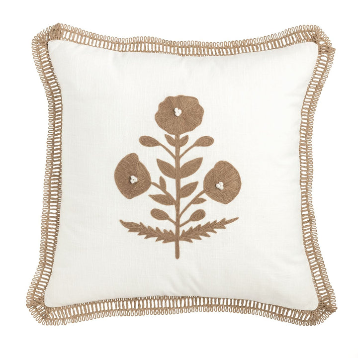 Square Ribbon Trim Pillow, Cream, Embroidered Floral - Lavish Boutique11-GIFTS