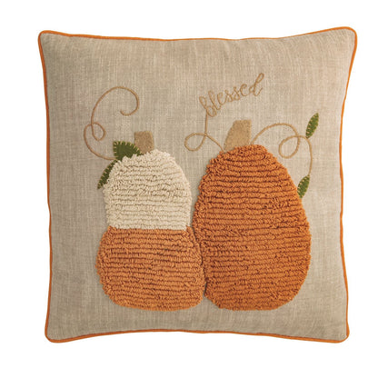 Natural tufted square pillow with a pumpkin and Blessed embroidery