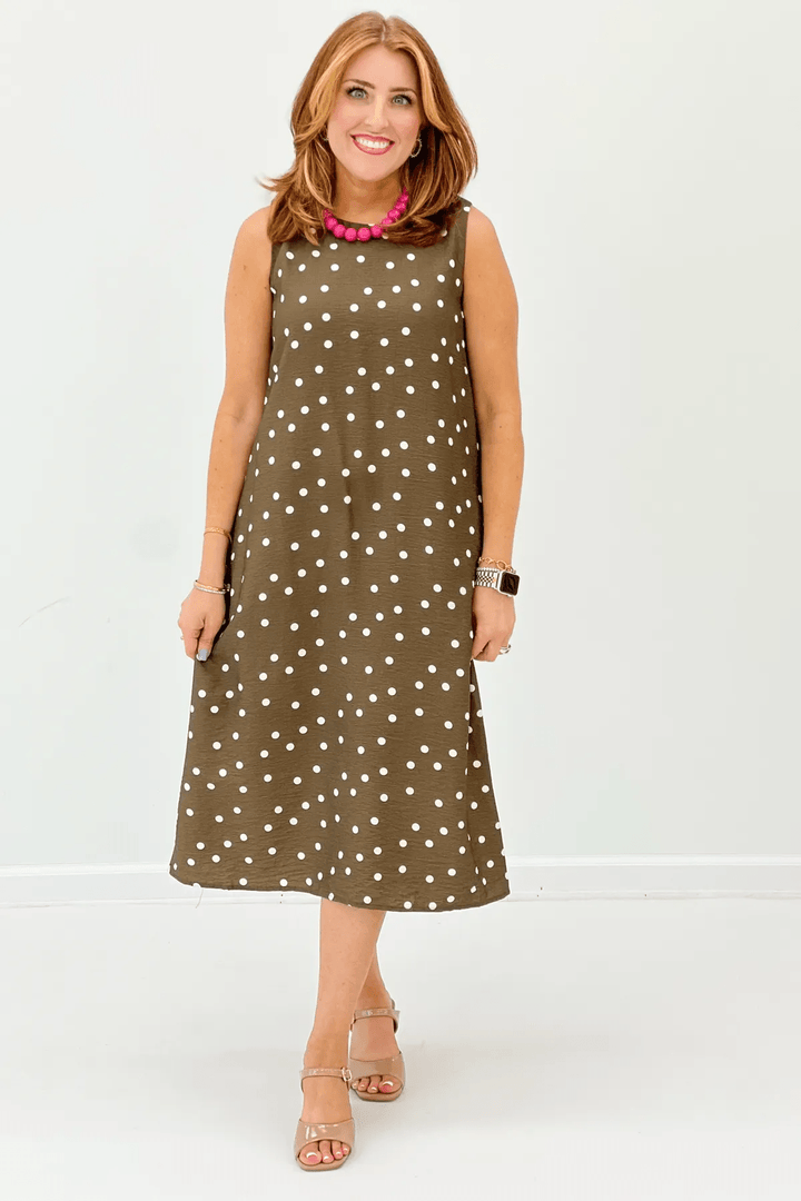 Sleeveless polka dot midi dress
