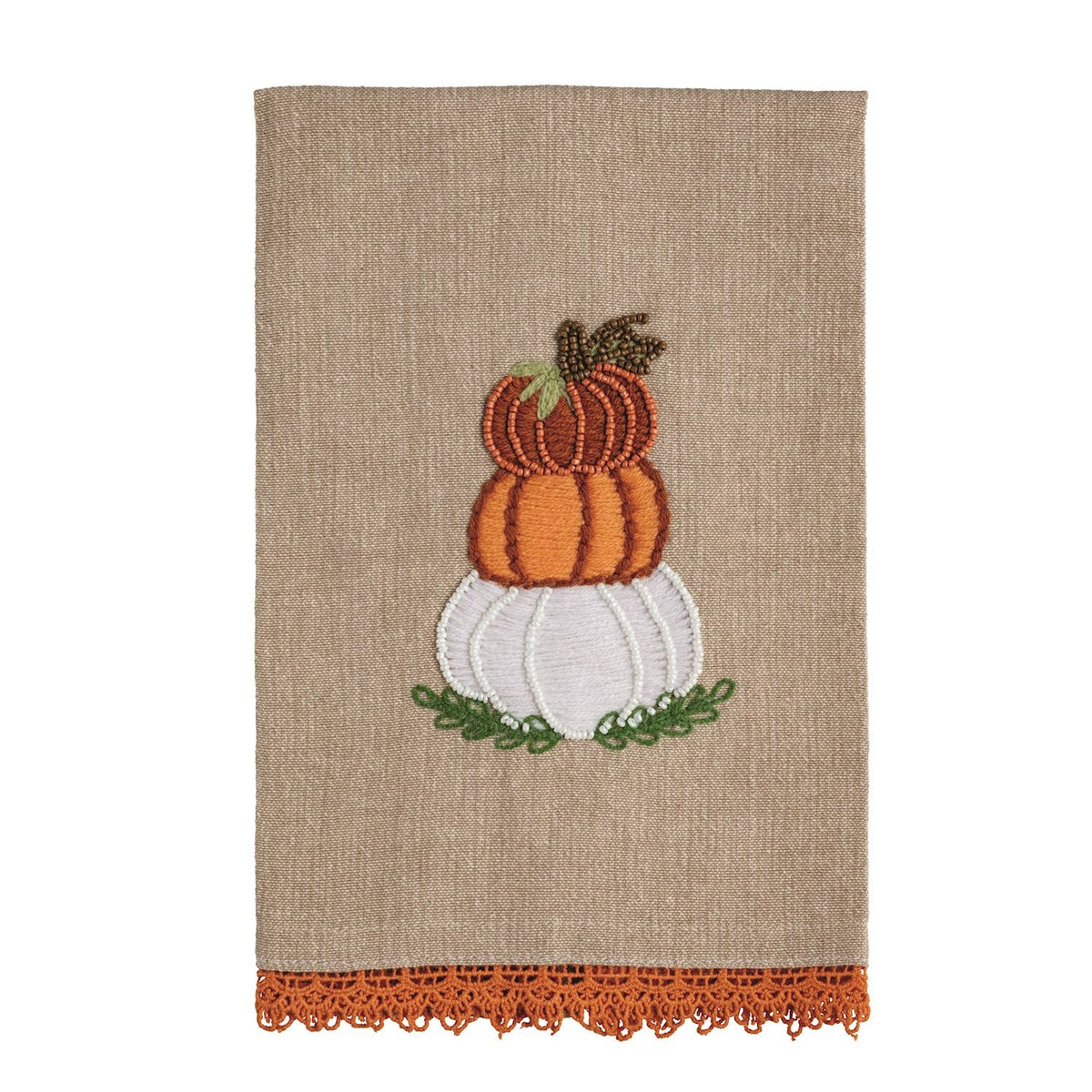 Tan dish towel with stacked pumpkins in beaded embroidery