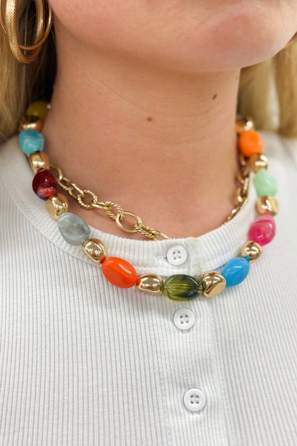 Multicolor stone necklace with gold-tone beads