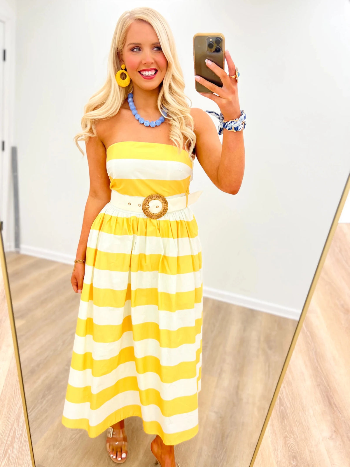 Belted strapless dress in structured cotton