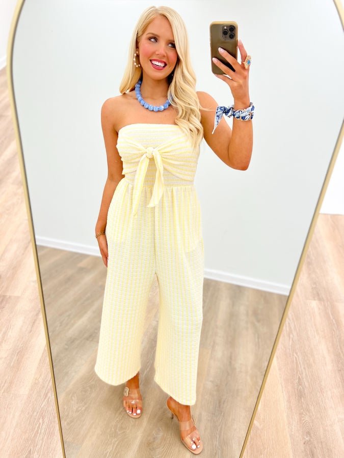 Strapless Tie Front Stripe Jumpsuit - Lavish BoutiqueDresses