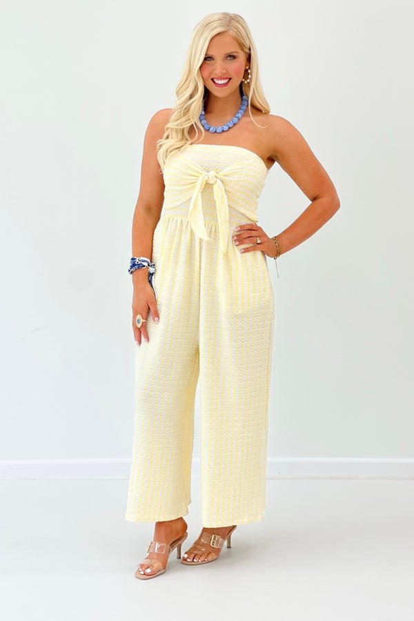 Strapless Tie Front Stripe Jumpsuit - Lavish BoutiqueDresses