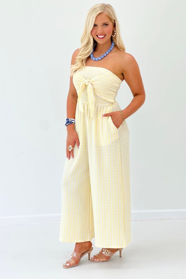 Strapless Tie Front Stripe Jumpsuit - Lavish BoutiqueDresses