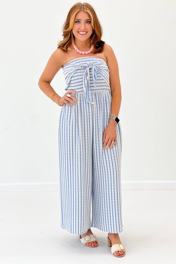 Strapless Tie Front Stripe Jumpsuit - Lavish BoutiqueDresses