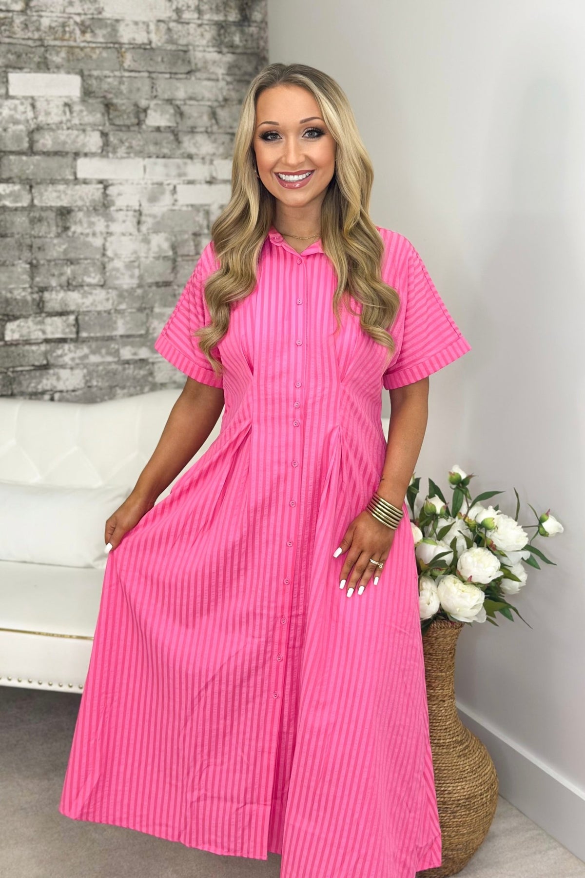 Fuchsia striped maxi dress with a button-up front