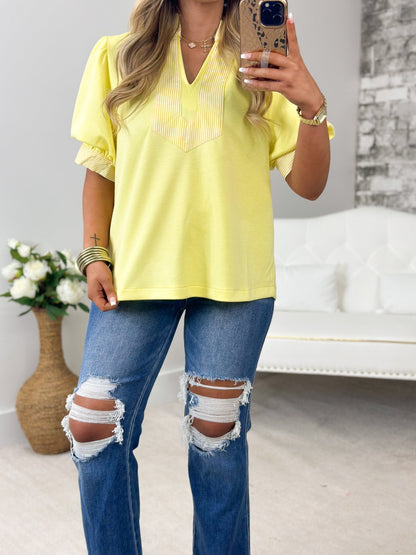 Stripe Detail Puff Sleeve Top - Lavish Boutique01-TOPS