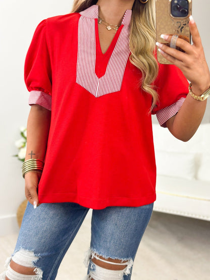 Stripe Detail Puff Sleeve Top - Lavish Boutique01-TOPS