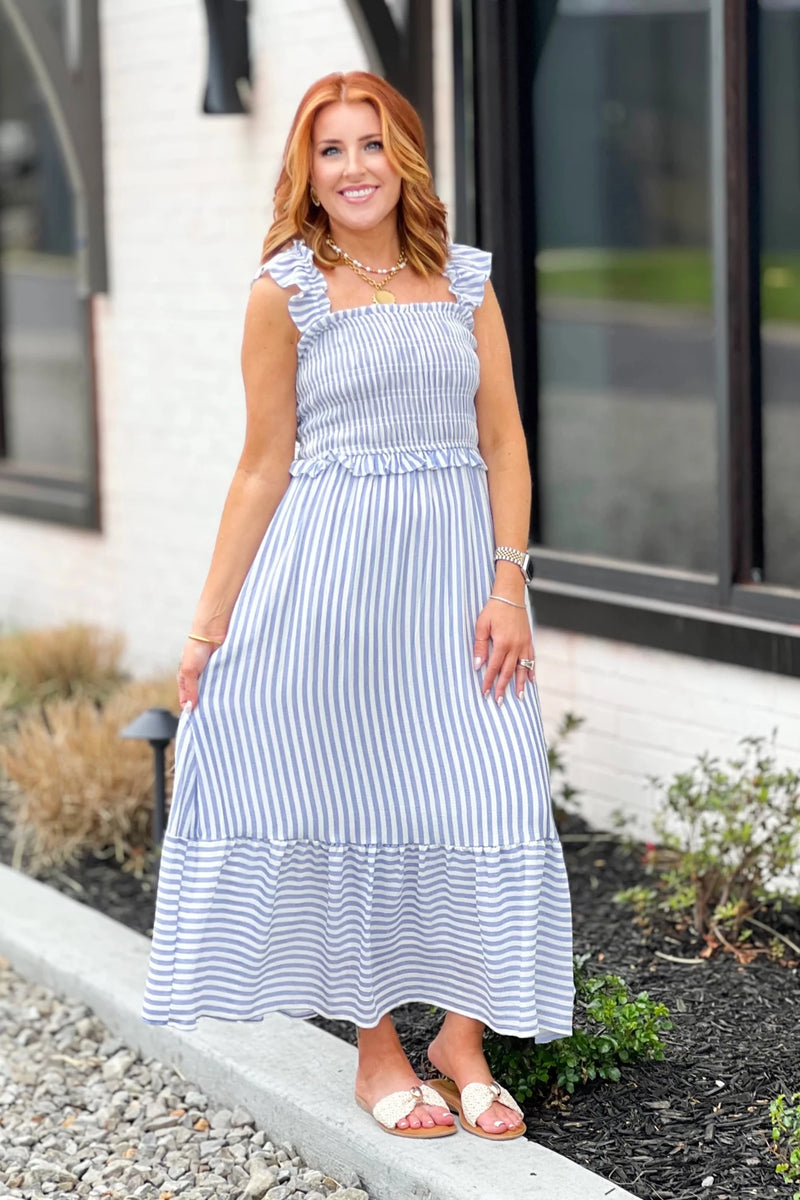 Stripe Ruffle Trim Midi Dress *Final Sale* Small / Beige
