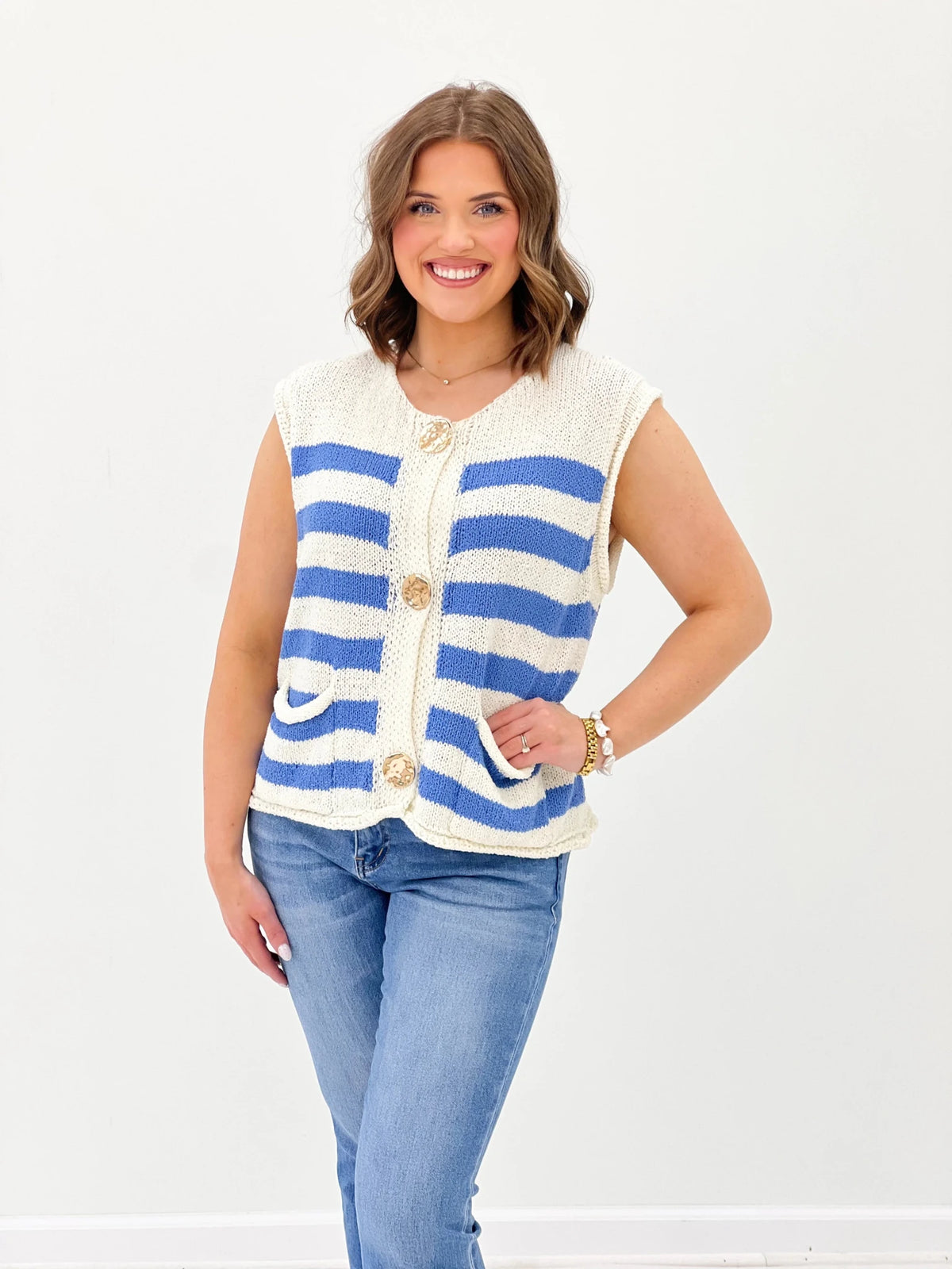 Striped Button Up Sweater Top - Lavish BoutiqueTops