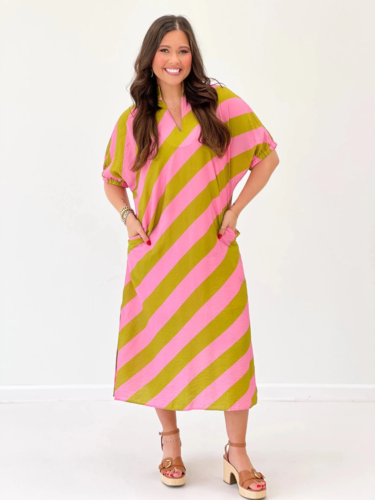 Kiwi and pink striped V-neck maxi dress