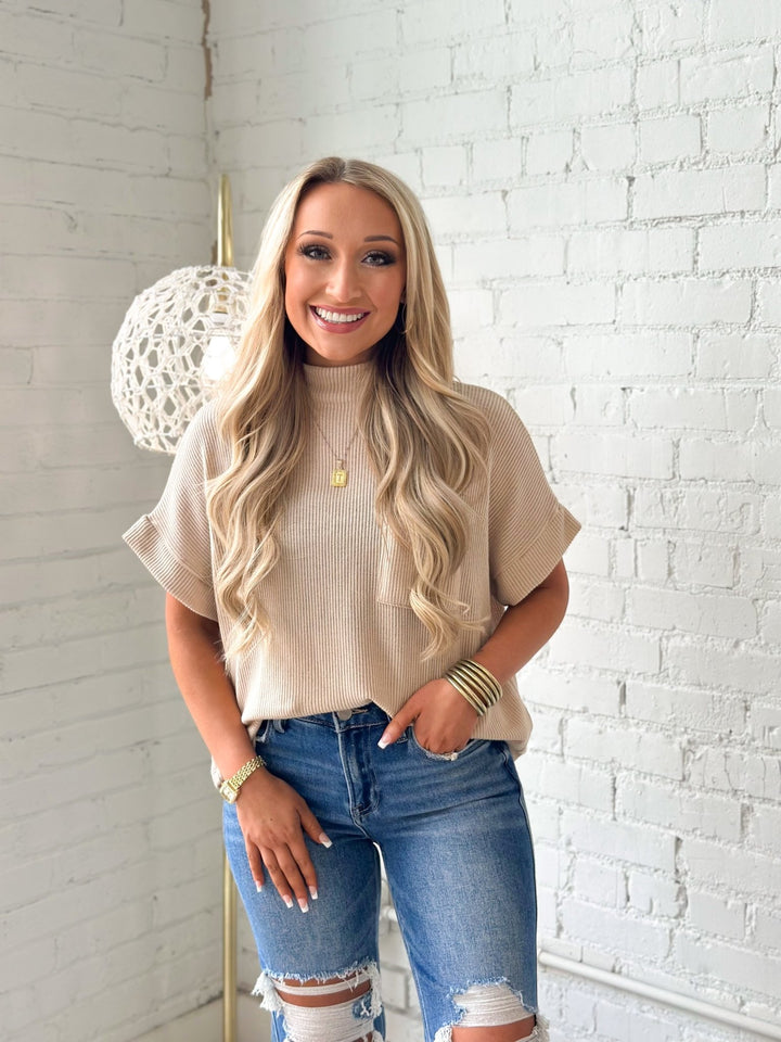 Sunday Edition Mock Neck Cap Sleeve Top - Lavish Boutique01-TOPS