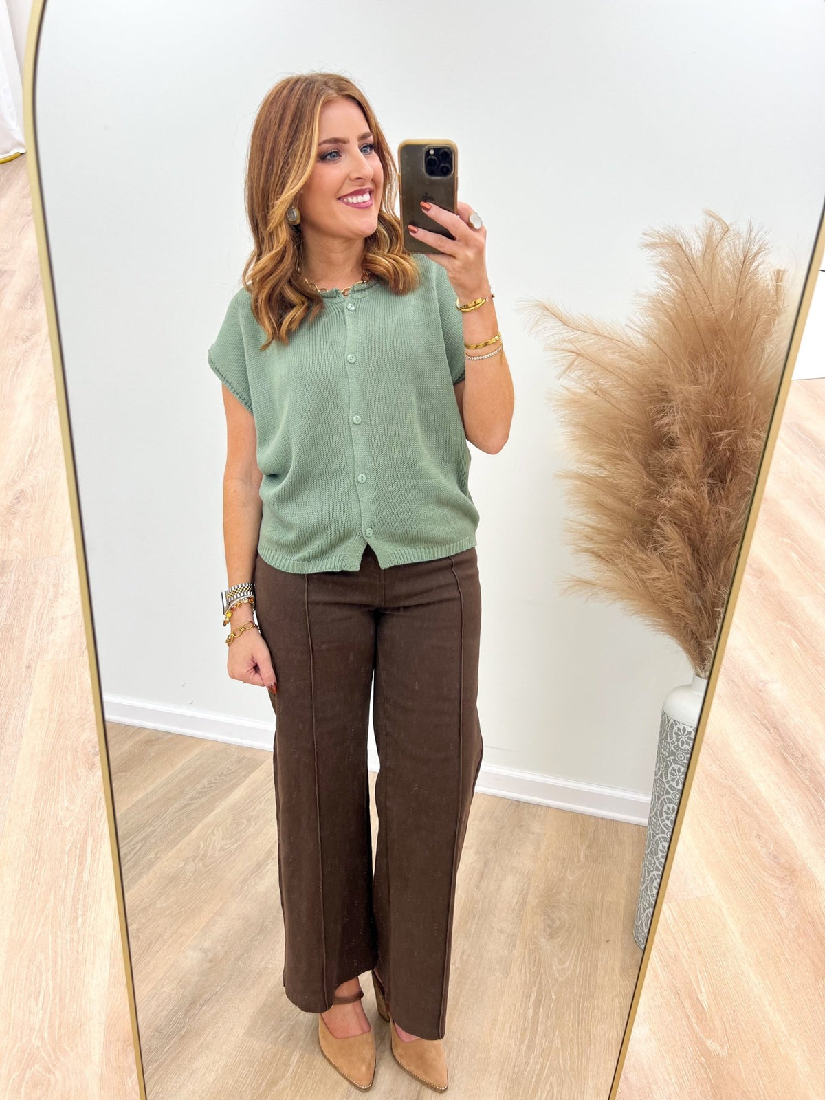 Sage blouse with a full button placket