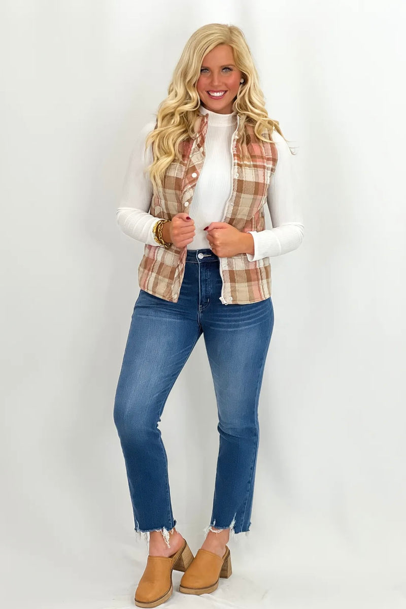 Blush Plaid Quilted Zip Up Vest