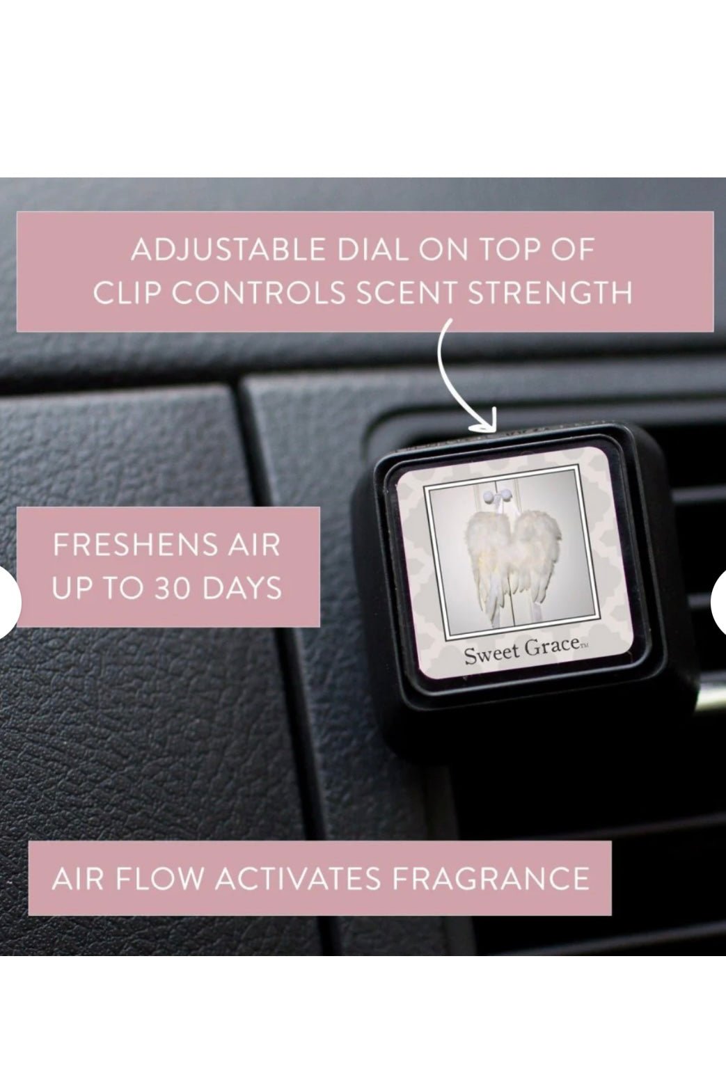 Car vent clip air freshener in the Sweet Grace scent
