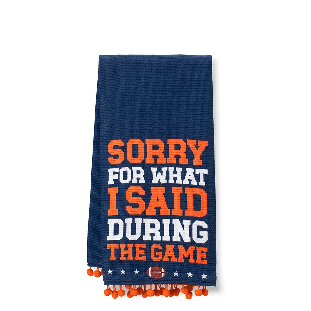 Cotton kitchen tea towel printed with Sorry For What I Said