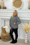 Black Striped Knit Lantern Sleeve Top