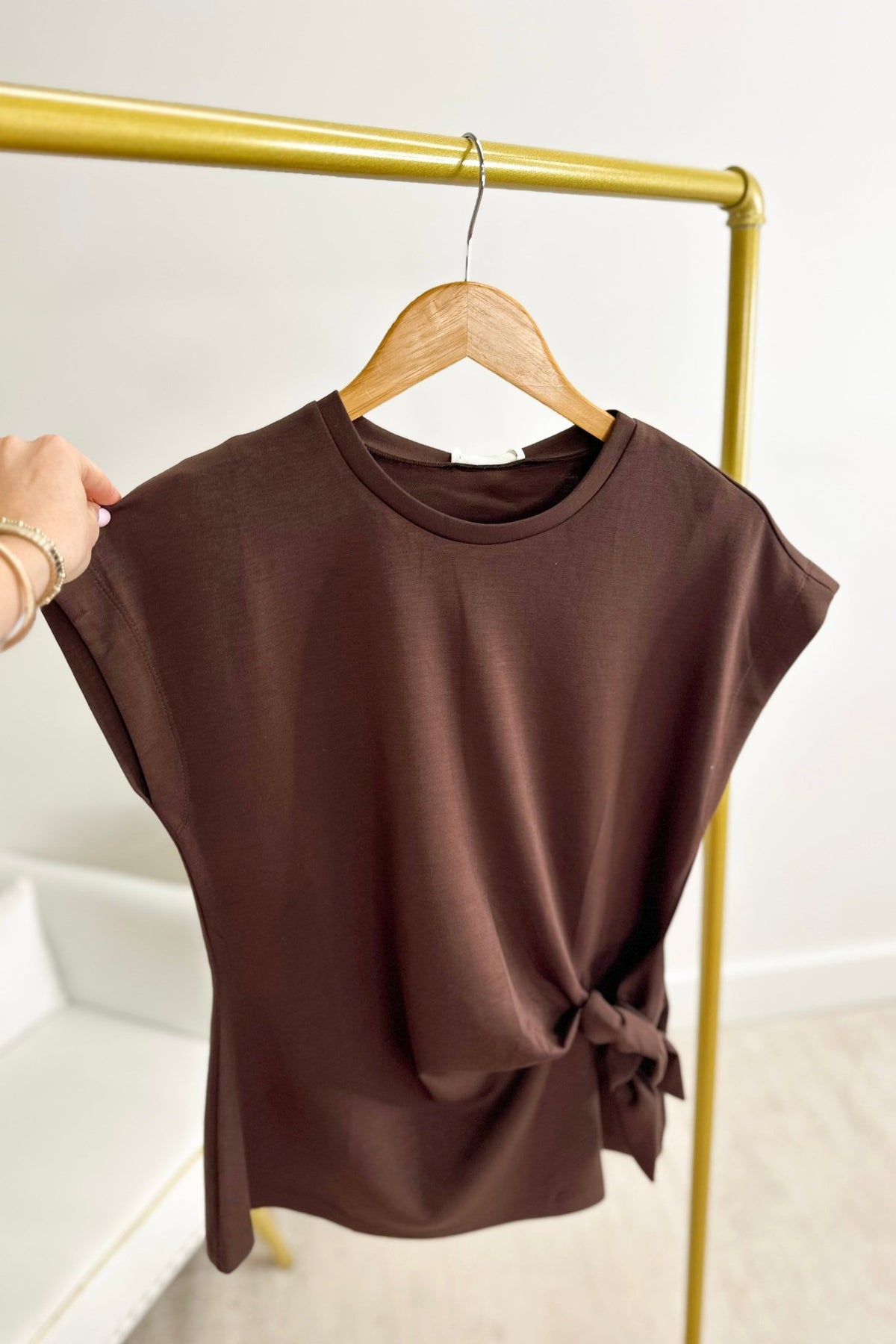 T30462 Brown Tie Detail Short Sleeve Top - Lavish Boutique100 Short Sleeve