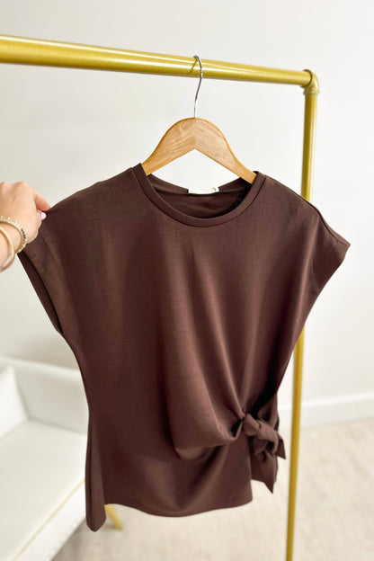 T30462 Brown Tie Detail Short Sleeve Top - Lavish Boutique100 Short Sleeve