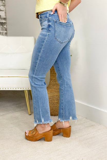 Kick flare denim with a high waist and five pockets