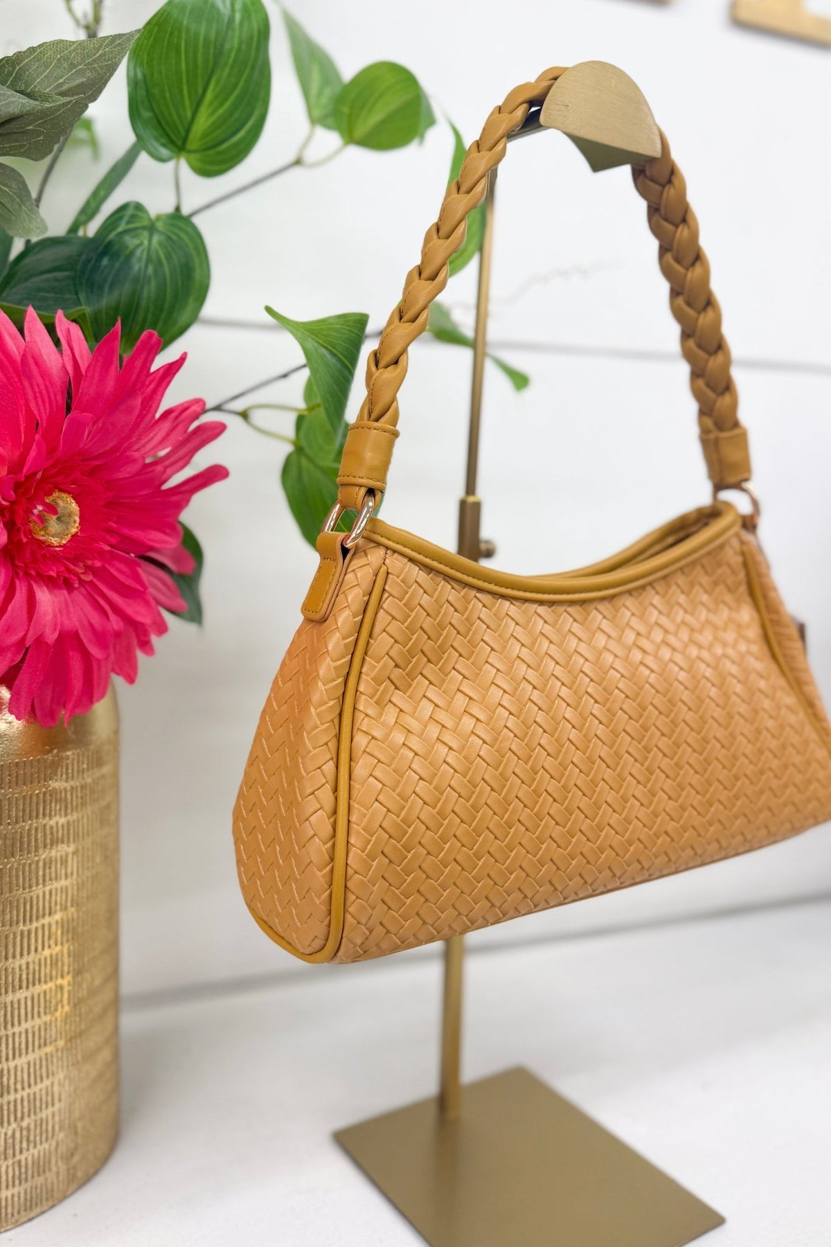Braided handle woven bag in tan