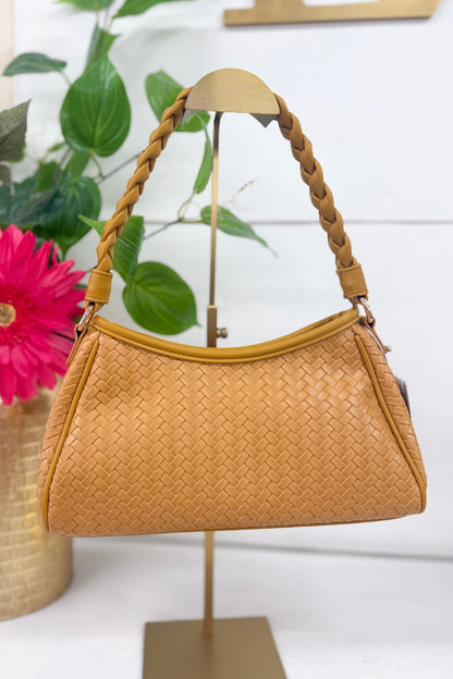 Woven tan bag with braided straps