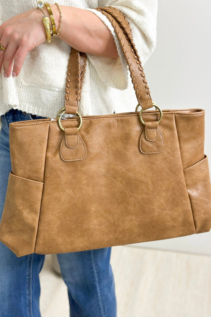 Tan Fashion Braided Handle Daily Tote - Lavish Boutique Accessories