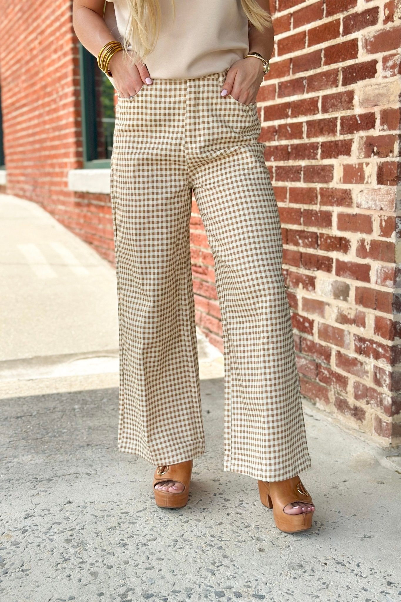 Tan gingham pants with a straight wide leg