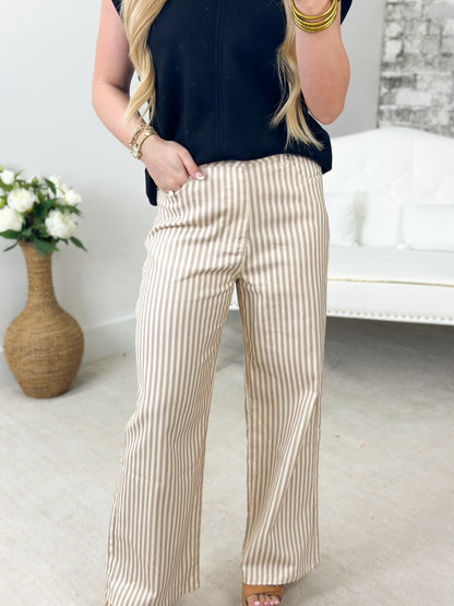Tan stripe pants with a full length leg