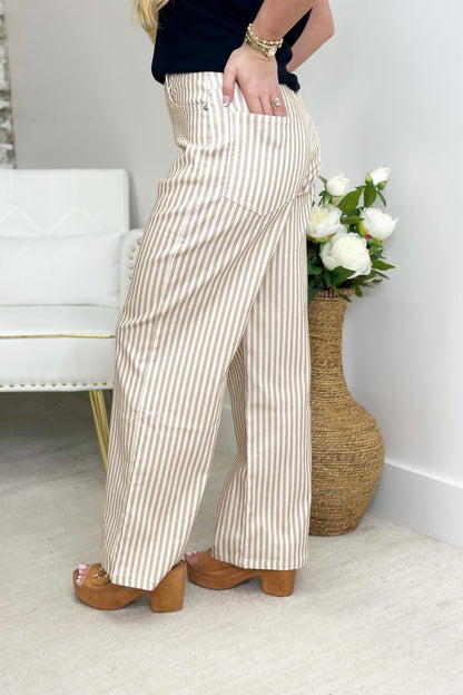 Tan stripe pants with a pull on waistband