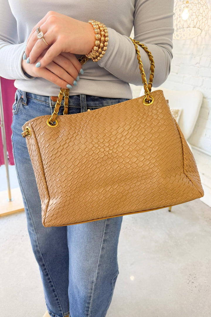 Tan Woven Chain Handle Shoulder Bag - Lavish Boutique 250 Bags& - Purses