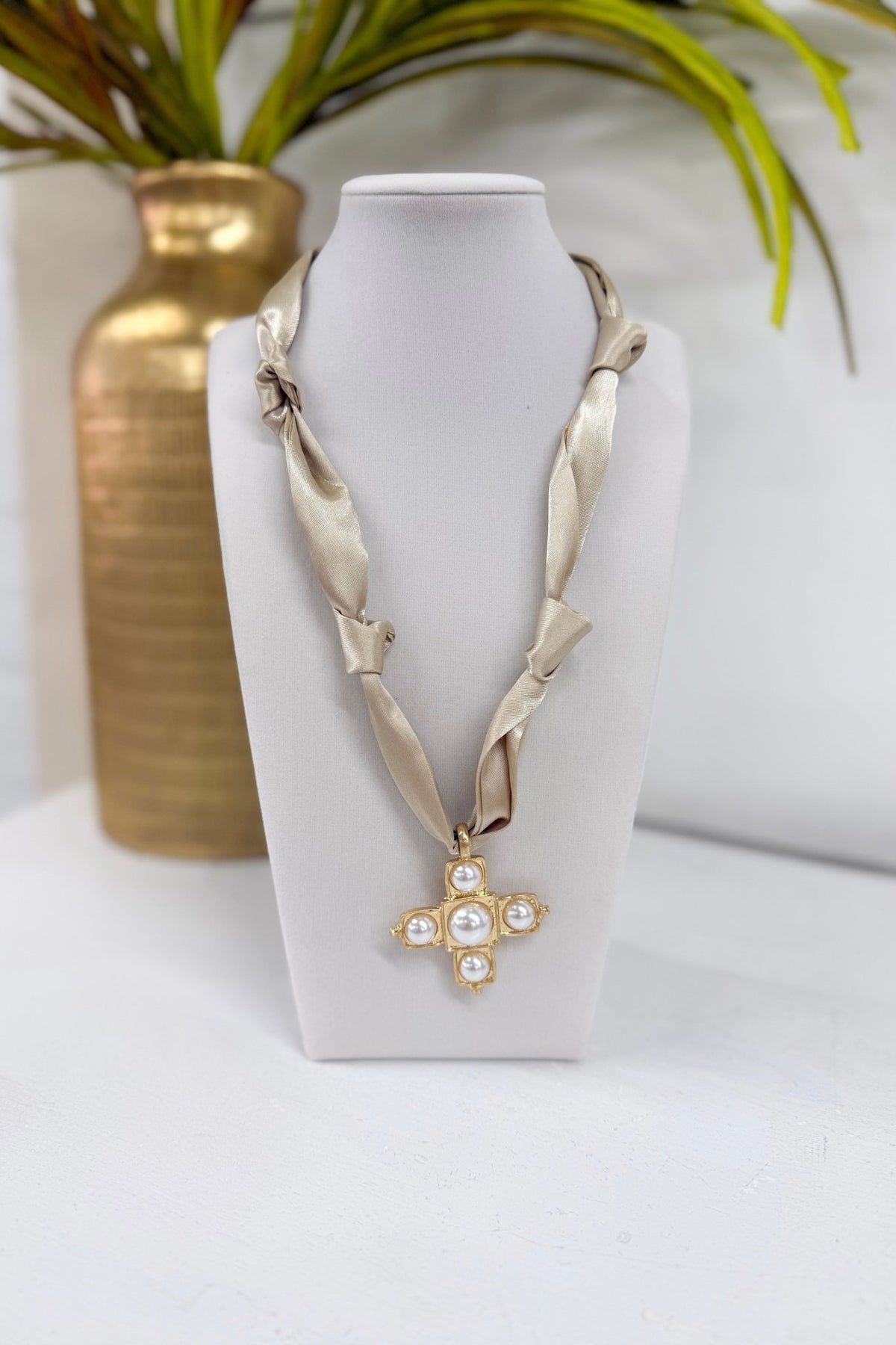 Taupe and cream scarf necklace with a baroque cross pendant