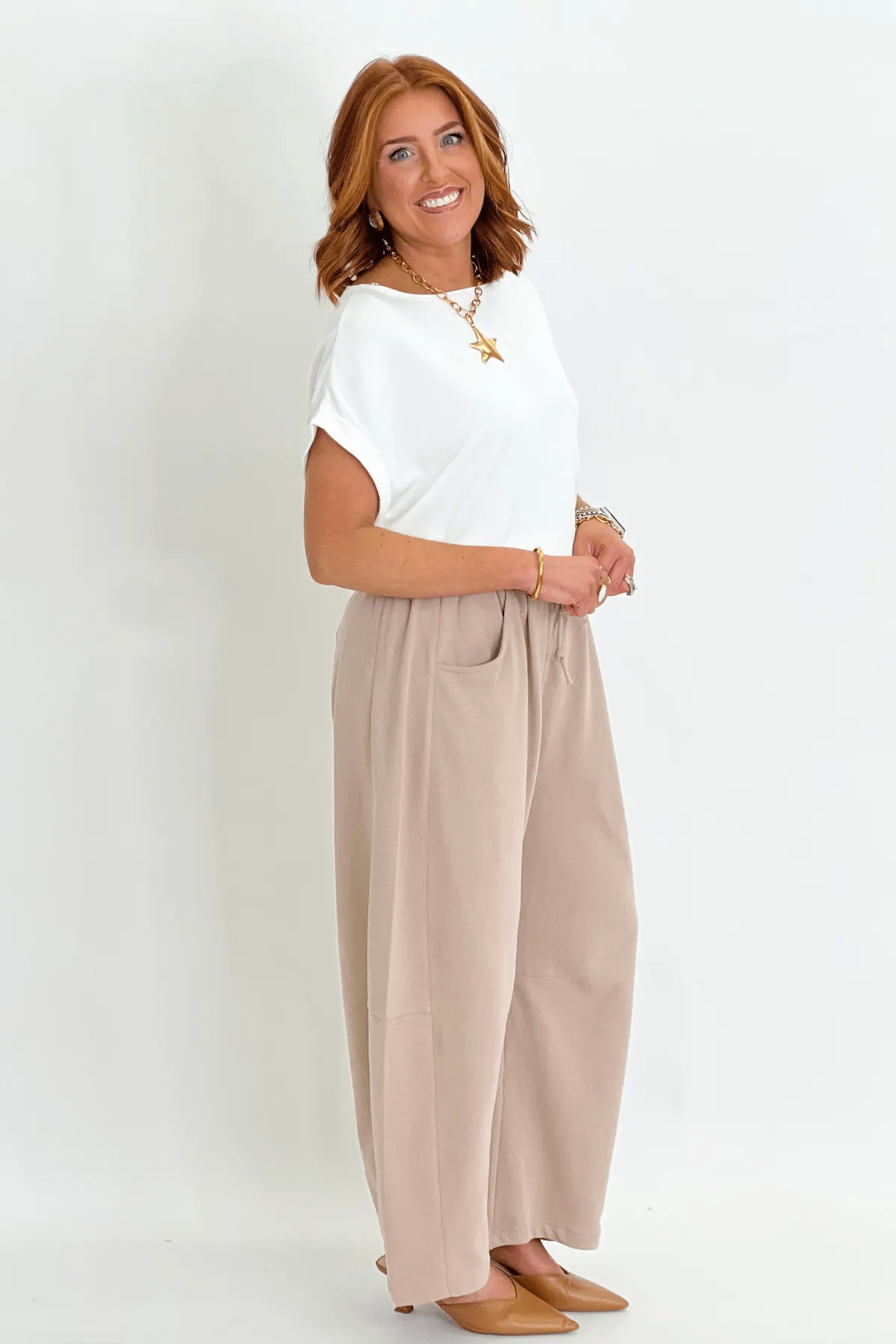 Taupe barrel pants in a soft knit with a high waist