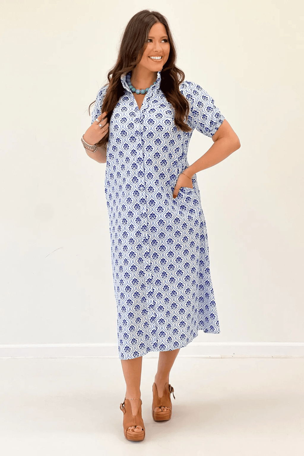 ruffle collar midi dress Misty Blue Ruffled Collar Midi Dress Medium