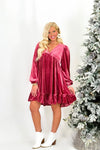 Raspberry Long Sleeve Velvet Tiered Dress