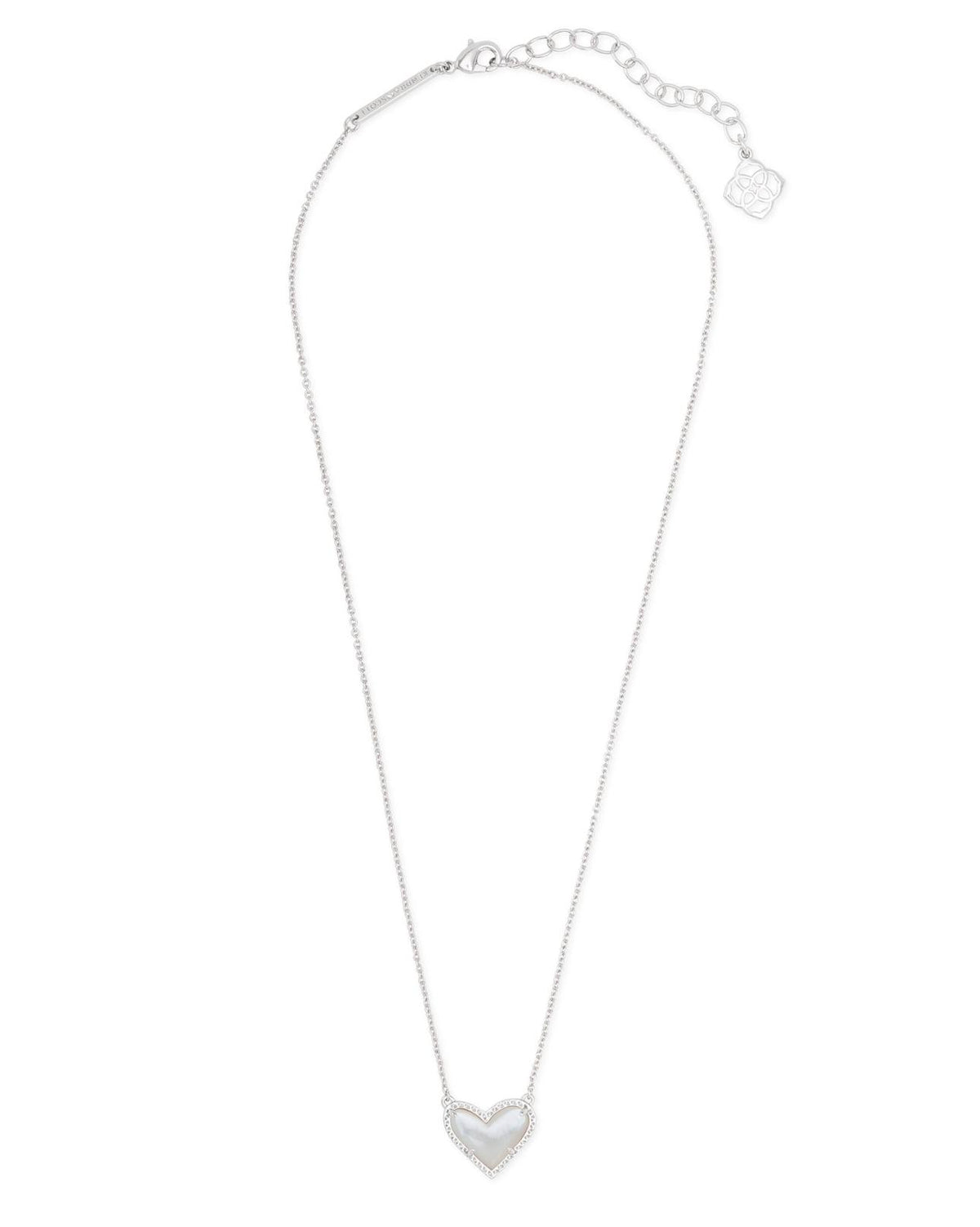 Rhodium short heart pendant necklace with small stone accents and adjustable chain