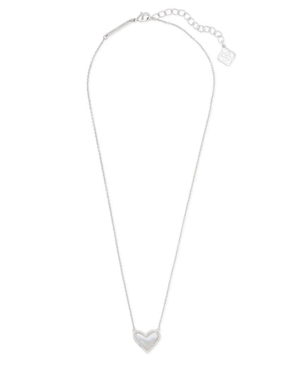 Rhodium short heart pendant necklace with small stone accents and adjustable chain